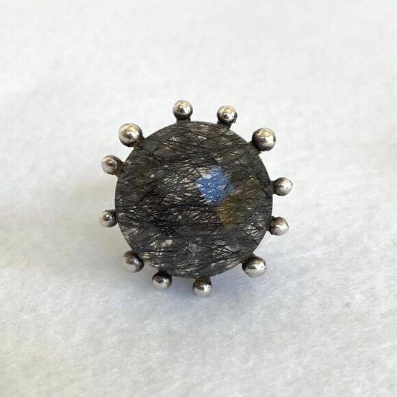 Sterling Silver 925 Large Round Faceted Tourmalated Quartz Cocktail Ring Sz 6.75 - Picture 5 of 16